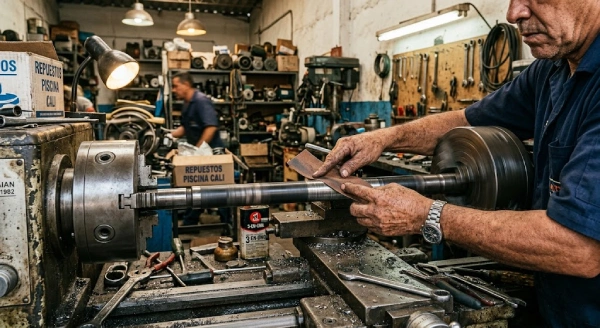 Un técnico de piscina repara el eje de una bomba usando un torno industrial en un taller