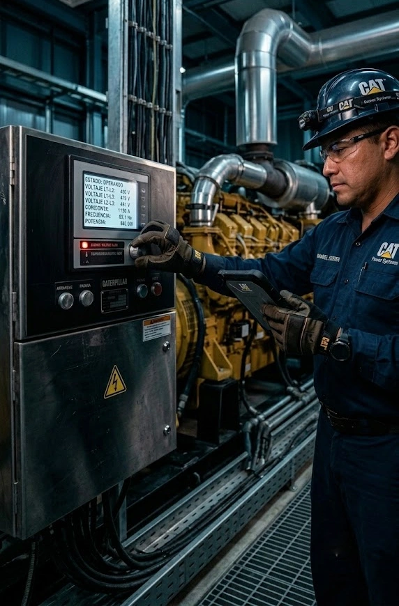 Técnico revisando panel de planta eléctrica