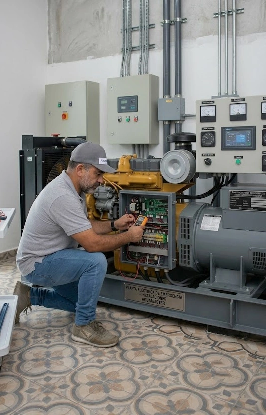 Técnico de Aquamaster revisando planta eléctrica